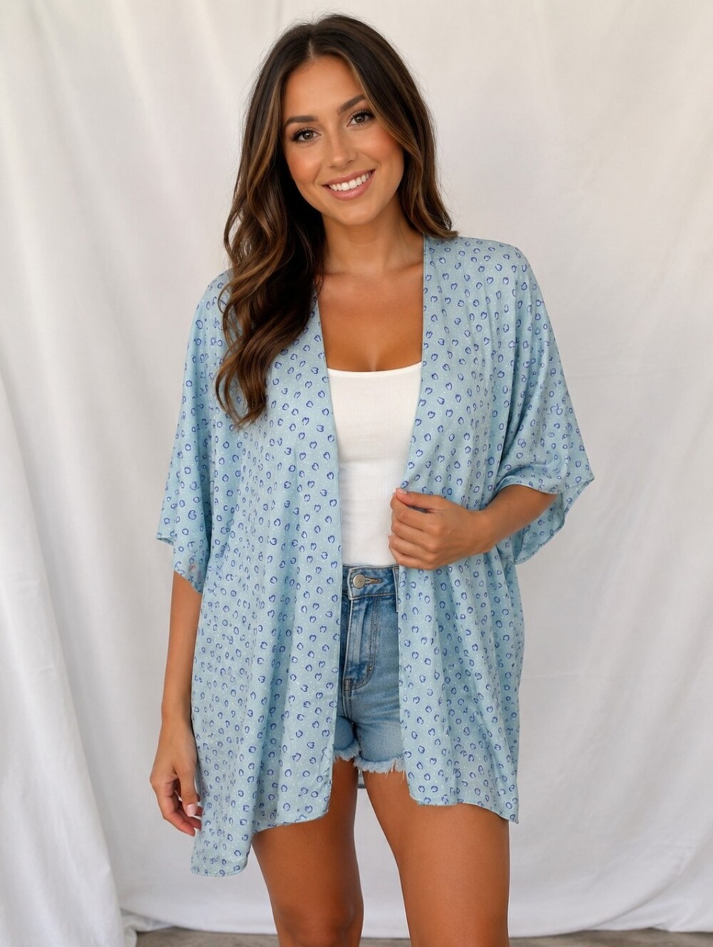 Light Blue High-low Open Front Kimono with Small Navy Dot Hearts